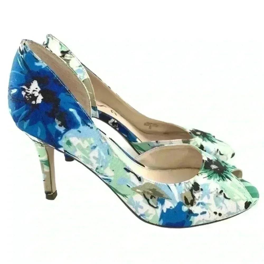 Unisa heels size 8 Unjubilee3 peep toe canvas floral blue green Easter spring